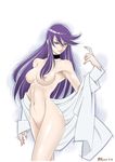  armpits breasts choker collarbone cure_moonlight_mirage heartcatch_precure! highres long_hair medium_breasts mirage_precure naked_shirt precure purple_eyes purple_hair sabachiyo_land shirt solo white_background 