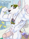  anthro balls bathroom biceps big big_muscles big_penis blue_eyes bull_terrier bulliewut canine dog erection eyewear flexing fur glasses looking_at_viewer male mammal muscles necklace nipples nude pecs penis pose pubes sheath solo spazzyhusky standing sunglasses thick_penis uncut white white_fur 
