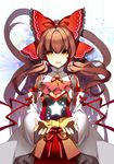  adapted_costume ascot bad_id bad_pixiv_id bow breasts brown_eyes brown_hair capelet cleavage detached_sleeves dress hair_bow hair_tubes hakurei_reimu highres long_hair long_sleeves looking_at_viewer medium_breasts open_mouth red_dress roh_nam_kyung sash smile solo star touhou very_long_hair wide_sleeves 