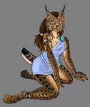  4_toes anklet anthro armband barefoot bracelet brown_fur brown_hair clothed clothing ear_tuft feline female fur grey_background hair hindpaw invalid_tag jewelry kneeling looking_at_viewer lynx mammal pawpads paws plain_background pose solo spots starvinartmajor starvinartmajor_(artist) toga tuft 