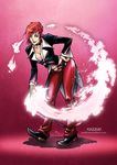  bent_over boots breasts cleavage collar eyeshadow fernando_kazuo_miyahara genderswap hand_on_hip jacket lips makeup navel no_bra pants red_fire red_hair short_hair solo the_king_of_fighters watermark web_address yagami_iori yellow_eyes 