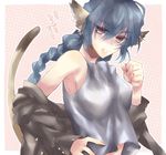 1girl :d animal_ears armpits artist_request bare_shoulders blue_hair blush braid bust clenched_hand dog_ears dog_tail fang female hair_between_eyes hands karura_(utawareru_mono) long_hair looking_at_viewer off_shoulder open_clothes open_mouth polka_dot polka_dot_background purple_eyes shirt smile solo tail tank_top text upper_body utawareru_mono 