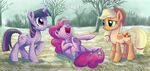  adlynh applejack_(mlp) blonde_hair cowboy_hat cutie_mark equine friendship_is_magic green_eyes hair hat horn horse laugh my_little_pony pink_fur pink_hair pinkie_pie_(mlp) pointing pony purple_eyes purple_fur shaving tan_fur tree twilight_sparkle_(mlp) two_tone_hair unicorn 