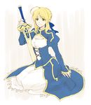  ahoge artoria_pendragon_(all) blonde_hair cleavage_cutout dress excalibur fate/zero fate_(series) green_eyes hair_ribbon isshoku_(shiki) juliet_sleeves long_sleeves puffy_sleeves ribbon saber sitting smile solo sword weapon 