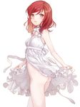  1girl ass blush bottomless dress fly_333 love_live!_school_idol_project nishikino_maki no_panties open_mouth red_hair short_hair simple_background solo thighs tongue white_background 