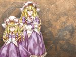  abo_(hechouchou) blonde_hair breasts choker cleavage corset dress dual_persona gloves height_difference highres long_hair medium_breasts multiple_girls one_eye_closed purple_dress purple_eyes ribbon_choker smile touhou white_gloves yakumo_yukari 