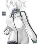 breasts head_out_of_frame jacket large_breasts long_sleeves monochrome original patterned plaid pupps short_hair simple_background solo spot_color white_background zipper 