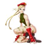  antenna_hair beret blonde_hair blue_eyes boots braid breasts cammy_white camouflage chester_ocampo fingerless_gloves gloves hat leotard long_hair one_knee scar solo street_fighter twin_braids 