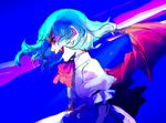  arm_garter bad_id bad_pixiv_id bat_wings blue blue_background blue_hair bow bowtie fangs floating_hair from_side graphite_(medium) highres kodamahikari mixed_media open_mouth profile puffy_short_sleeves puffy_sleeves remilia_scarlet short_hair short_sleeves skirt skirt_set solo touhou traditional_media wings 