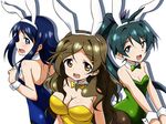  animal_ears blue_eyes blue_hair breasts brown_eyes brown_hair bunny_ears bunnysuit cleavage futaba_aoi_(vividred_operation) green_eyes green_hair large_breasts long_hair multiple_girls pantyhose ponytail saegusa_wakaba shinomiya_himawari small_breasts tokiani vividred_operation wrist_cuffs 