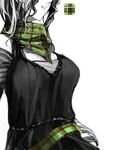  breasts head_out_of_frame large_breasts monochrome original patterned plaid plaid_scarf pupps scarf short_hair simple_background solo spot_color white_background 