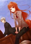  1girl absurdres animal_ears ayakura_juu bracelet brown_hair collarbone craft_lawrence day dutch_angle floating_hair grin highres holo jewelry long_hair looking_at_viewer official_art outdoors red_eyes short_hair silver_hair sitting smile spice_and_wolf tail wolf_ears wolf_tail 
