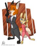  2019 anthro barefoot blue_eyes canine cheek_tuft clothed clothing dipstick_ears dipstick_tail disney duo female fox green_eyes gun handgun headphones headset holding_object holding_weapon judy_hopps lagomorph looking_at_viewer male mammal multicolored_tail necktie nick_wilde pistol rabbit ranged_weapon robertfiddler signature silencer simple_background smile standing suit tuft url weapon zootopia 