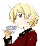  1girl blonde_hair blue_eyes blush braid cup darjeeling from_side girls_und_panzer jacket long_sleeves looking_at_viewer military military_uniform open_mouth pinky_out red_jacket sasaki_akira_(ugc) short_hair solo st._gloriana's_military_uniform sweatdrop teacup tied_hair twin_braids uniform upper_body 