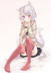  animal_ears bad_id bad_pixiv_id collarbone fox_ears fox_tail gradient gradient_background hands_on_own_chest jacket long_hair long_sleeves no_shoes original pink_eyes pink_legwear ray-akila shirt silver_hair simple_background sitting skirt smile solo tail thighhighs twintails very_long_hair zettai_ryouiki zipper 