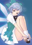  aqua_dress bare_legs blue_background blue_eyes blue_hair blue_panties bow cirno dress full_body hair_bow ice ice_wings leg_hug legs looking_at_viewer mary_janes masao panties panties_around_ankles panty_pull puffy_sleeves shirt shoes short_hair short_sleeves simple_background solo thighs touhou underwear wings 