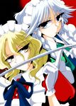  blonde_hair blue_eyes braid dress gloves izayoi_sakuya kieyza knife long_hair maid maid_headdress multiple_girls puffy_short_sleeves puffy_sleeves ribbon short_hair short_sleeves silver_hair sword touhou touhou_(pc-98) twin_braids weapon white_gloves yellow_eyes yumeko 