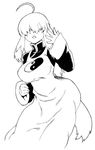  ahoge animal_ears breasts character_request chinese_clothes commentary_request copyright_request dog_ears dress fang greyscale hair_over_eyes huge_ahoge large_breasts long_dress long_hair monochrome solo tail tsukudani_(coke-buta) yin_yang 