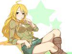  ahoge bad_id bad_pixiv_id belt blonde_hair boots breasts cleavage green_eyes hoshii_miki idolmaster idolmaster_(classic) long_hair medium_breasts minatsuki_randoseru miniskirt skirt sleeves_rolled_up solo spoon 