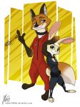  2019 anthro barefoot belt blue_eyes bulletproof_vest canine clothed clothing collar crossed_arms dipstick_ears dipstick_tail disney duo female fox gloves_(marking) green_eyes handcuffs judy_hopps lagomorph looking_at_viewer male mammal markings multicolored_tail nick_wilde police_uniform prison_uniform rabbit robertfiddler shackles shock_collar signature simple_background smile socks_(marking) standing toeless_shoes uniform url utility_belt zootopia 
