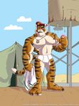  cooner feline male mammal military muscles outside shower soap solo tiger topless towel underwear 