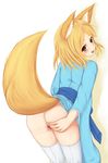  animal_ears bad_id bad_pixiv_id blonde_hair brown_eyes fox_ears fox_tail highres japanese_clothes kimono no_panties presenting pussy shikihime_zoushi solo tail tenyoshi_(briansept) thighhighs uncensored 