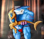  abs anal anal_penetration anthro anus balls biceps big_muscles big_penis blue_penis blue_skin body_markings brown_skin bulge butt clenched_teeth cum cum_in_ass cum_inside cum_on_penis cum_string cum_while_penetrated cumshot dorsal_fin ear_piercing erection eyes_closed fangs fin fish fishmen gay grin gripping gs holding leaking male marine markings muscles mutant nipples nude orgasm pecs penetration penis piercing purple_skin rusteh scales scalie sex shark size_difference smile speedo stand_and_carry_position standing street_sharks streex streex_(street_sharks) stripes swimsuit teeth thick_penis tiger_shark toned topless 