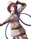  brown_hair gloves highres red_eyes short_hair simple_background solo the_king_of_fighters whip whip_(kof) white_background yumeno_tanuki 