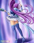  ass back bad_id bad_pixiv_id blue_footwear blue_skirt boots cure_beat earrings electric_guitar frilled_skirt frills guitar heart high_heels highres instrument jewelry kurokawa_eren long_hair love_guitar_rod magical_girl onoe panties precure purple_hair seiren_(suite_precure) shiny shiny_skin side_ponytail skirt solo suite_precure thigh_boots thighhighs underwear v watermark web_address 