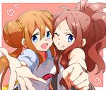  bare_shoulders blue_eyes brown_hair clenched_hand double_bun grin heart high_ponytail looking_at_viewer mei_(pokemon) multiple_girls naru_(andante) no_hat no_headwear one_eye_closed open_mouth outstretched_arm pantyhose pokemon pokemon_(game) pokemon_bw pokemon_bw2 raglan_sleeves smile touko_(pokemon) twintails 