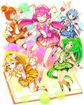  aoki_reika arm_up blonde_hair blue_skirt blush book boots bow candy_(smile_precure!) choker cure_beauty cure_happy cure_march cure_peace cure_sunny dress green_choker green_eyes green_hair green_shorts green_skirt hair_flaps highres hino_akane_(smile_precure!) hoshizora_miyuki kise_yayoi knee_boots long_hair magical_girl midorikawa_nao minatsuki_randoseru multiple_girls one_eye_closed open_mouth orange_choker orange_skirt pink_bow pink_choker pink_shorts pink_skirt ponytail precure rainbow_background red_shorts shorts shorts_under_skirt skirt smile_precure! waving yellow_bow yellow_eyes yellow_shorts yellow_skirt 