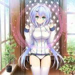  blue_hair breasts cinema_(nostalgica) green_eyes hair_ornament hairpin komorebi_no_nostalgica long_hair medium_breasts norita solo standing sweatshirt thighhighs very_long_hair window 