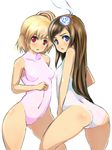  ass blonde_hair blue_eyes blush breasts brown_hair cameltoe emilia_percival hair_ornament highres johan_(johan13) long_hair lumia_waber multiple_girls one-piece_swimsuit phantasy_star phantasy_star_portable_2 red_eyes side_ponytail small_breasts swimsuit 