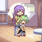  :d =_= animated animated_gif bell black_legwear blinking cardigan chair closed_eyes gj-bu green_eyes green_hair hair_bell hair_ornament hair_ribbon jitome kannazuki_tamaki long_hair lowres migel_futoshi multiple_girls open_mouth pantyhose petting pixel_art purple_hair ribbon school_uniform shoes sitting sitting_on_lap sitting_on_person smile sparkle sumeragi_shion twintails uwabaki very_long_hair 