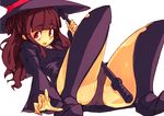  1girl akko_kagari black_panties boots breasts brown_hair dress erect_nipples hat little_witch_academia long_hair lying on_back open_mouth panties partially_visible_vulva red_eyes simple_background smile solo staff underwear wasr white_background witch witch_hat 