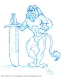  bulge cooner feline hand_on_hip knife lion looking_at_viewer male mammal muscles solo speedo swimsuit sword topless underwear weapon 