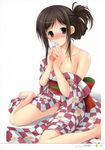  absurdres azuma_yuki black_eyes black_hair blush breasts checkered checkered_kimono cleavage collarbone full-face_blush highres japanese_clothes kimono looking_at_viewer medium_breasts no_bra no_panties obi off_shoulder open_clothes open_kimono original sash simple_background sitting solo wariza white_background yukata 