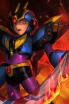  burning crazy_eyes fire flag hankuri helmet holding horror_(theme) looking_at_viewer open_mouth red_eyes robot rockman rockman_x rockman_x_(manga) shoulder_pads x_(rockman) 