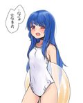  blue_hair blush hinanawi_tenshi innertube long_hair looking_at_viewer one-piece_swimsuit pine red_eyes simple_background solo swimsuit touhou translated white_background white_swimsuit 