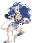  alternate_costume animal_ears ankle_wrap bangs big_hair blue_eyes blue_hair bracer breasts capcom cat_ears cat_tail choker claws felicia fur hairband highres japanese_clothes kimono large_breasts long_hair obi official_art one_eye_closed onimusha_soul parted_lips paws sash short_kimono simple_background slit_pupils solo tail temoshi thighhighs vampire_(game) white_background 