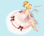  back bad_id bad_pixiv_id ballet_slippers bare_shoulders barefoot blonde_hair blue_background dress frills from_above looking_back original shoes shoes_removed simple_background sitting solo too_many too_many_frills yna yokozuwari 