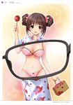  :d absurdres azuma_yuki bag blush bow bow_bra bow_panties bra breasts brown_eyes brown_hair candy_apple cleavage collarbone double_bun eyewear_view food handbag head_tilt highres holding holding_food japanese_clothes kimono large_breasts looking_at_viewer midriff open_mouth original panties pink_bra pink_panties polka_dot polka_dot_bra polka_dot_kimono polka_dot_panties pov smile solo sweets underwear x-ray_glasses x-ray_vision yukata 