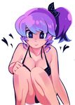  bikini blue_eyes breasts bright_pupils cleavage dj_max dj_max_portable heart ladymade_star medium_breasts polka_dot polka_dot_bikini polka_dot_swimsuit purple_hair sho-n-d side_ponytail smile solo squatting swimsuit 