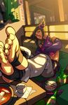  alcohol baggy_pants barefoot chopsticks crossed_arms crossed_legs cup drill_hair dudou edwin_huang feet food halter_top halterneck han_juri highres korean pants pov_feet sitting smile soju soles soup street_fighter street_fighter_iv_(series) toeless_legwear toes twin_drills 