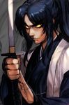  basilisk_(manga) black_hair grey_background hakama hankuri haori holding holding_sword holding_weapon japanese_clothes katana kouga_gennosuke ponytail sword weapon yellow_eyes 