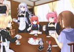  6+girls agito_(nanoha) alternate_costume apron blonde_hair blue_eyes bow braid breasts brown_hair cake cleavage crossdressing cup earrings enmaided flying_sweatdrops food gloom_(expression) jewelry long_hair lyrical_nanoha mahou_shoujo_lyrical_nanoha mahou_shoujo_lyrical_nanoha_a's mahou_shoujo_lyrical_nanoha_strikers maid maid_headdress medium_breasts minigirl multiple_girls pink_hair ponytail purple_eyes red_eyes red_hair reinforce reinforce_zwei shamal short_hair signum silver_hair single_hair_intake smile sooichi_(diabolicemission) sparkle spoon teacup time_paradox twin_braids twintails two_side_up vita yagami_hayate zafira 