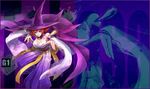  alternate_costume breasts cleavage detached_sleeves hakama hat japanese_clothes kimono large_breasts obi official_art onimusha_soul purple_eyes red_hair sash sayagata shinomaru short_hair solo tabasa warzard wide_sleeves witch witch_hat zoom_layer 