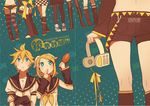  1girl aqua_eyes ass bass_clef blonde_hair blush boots brother_and_sister chicken_(food) cover crossed_arms detached_sleeves food formalin hair_ornament hair_ribbon hairclip headphones headset kagamine_len kagamine_rin leg_warmers legs looking_up midriff navel necktie pantyhose ribbon sailor_collar short_hair short_shorts shorts siblings skirt striped striped_legwear thighhighs twins vocaloid 