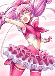  bow brooch choker closed_eyes cure_melody frills heart houjou_hibiki jewelry jumping kaneda_mitsuko long_hair magical_girl midriff open_mouth pink_bow pink_choker pink_hair pink_legwear precure ribbon skirt smile solo suite_precure thighhighs twintails 
