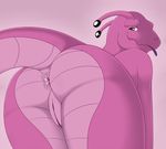 antennae anthro anus ben300 bent_over butt domo_(ben300) dragon female gradient_background looking_at_viewer looking_back nude pink_background pink_scales plain_background presenting presenting_hindquarters pussy raised_tail solo tongue tongue_out 